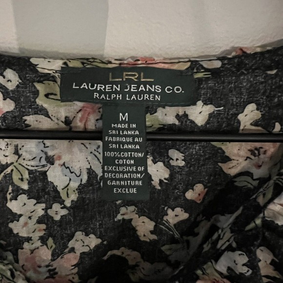 Lauren Ralph Lauren Floral Ruffle Button Up Blouse Size Medium Gray Pink - Picture 5 of 5